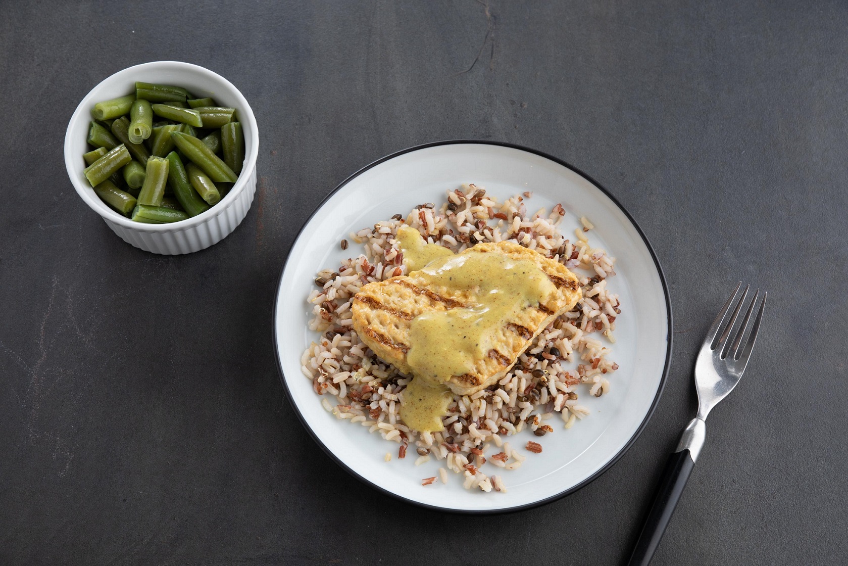 Chicken, Mustard Sauce, Whole Grain Blend and Veg