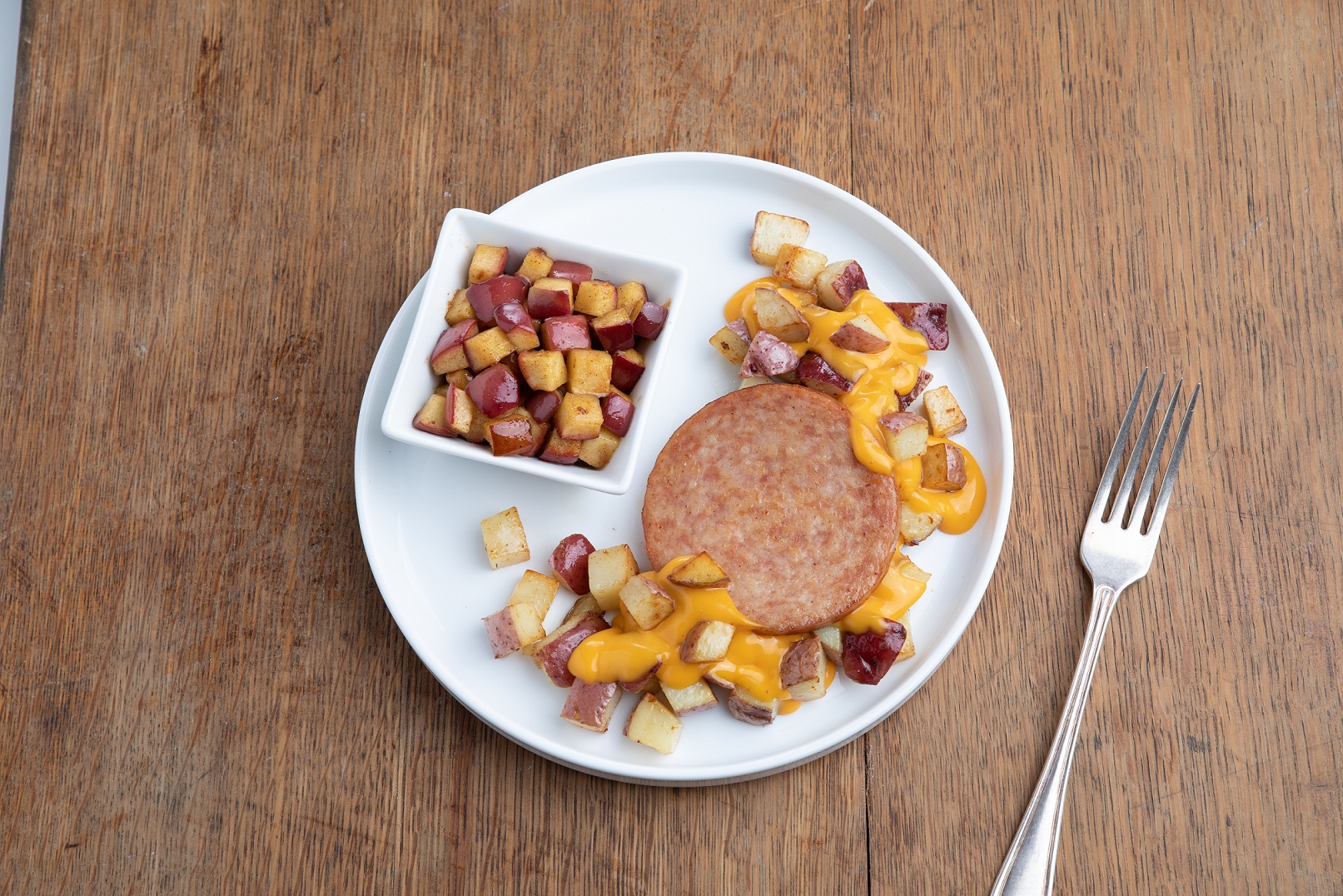 Ham Patty, Cheesy Potatoes, and Cinnamon Apples