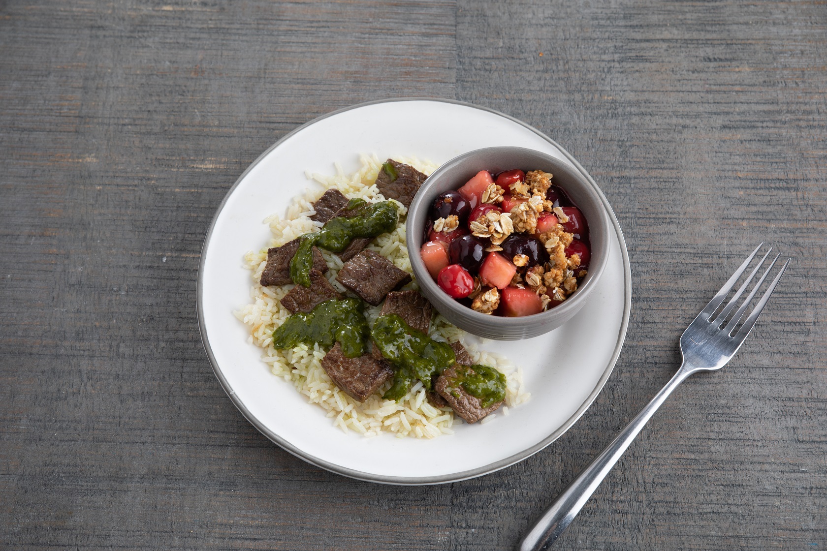 Beef Chimichurri with Rice and Spiced Fruit Crisp