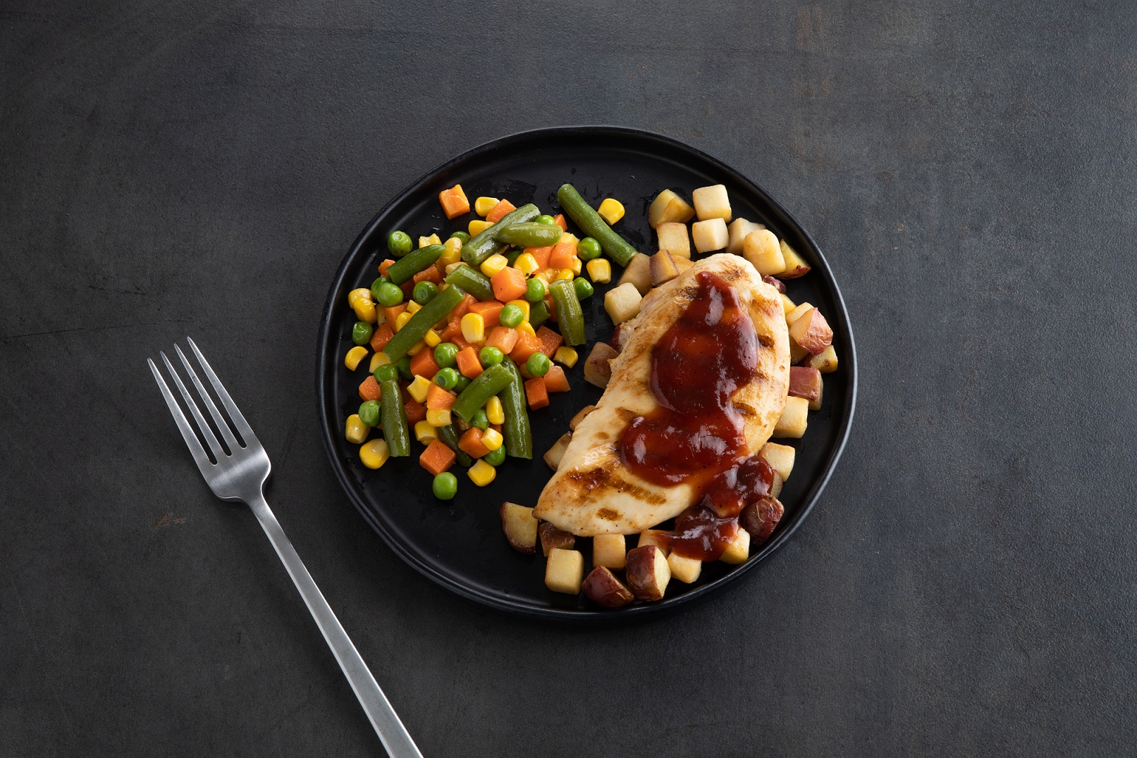 BBQ Chicken, Potatoes and Seasoned Vegetables
