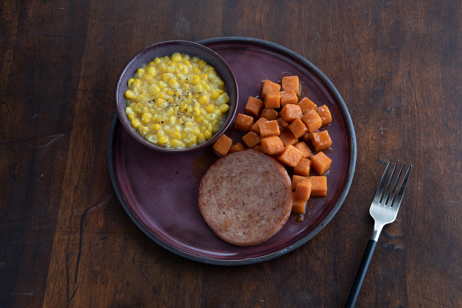 Ham Patty, Glazed Sweet Potatoes & Creamed Corn