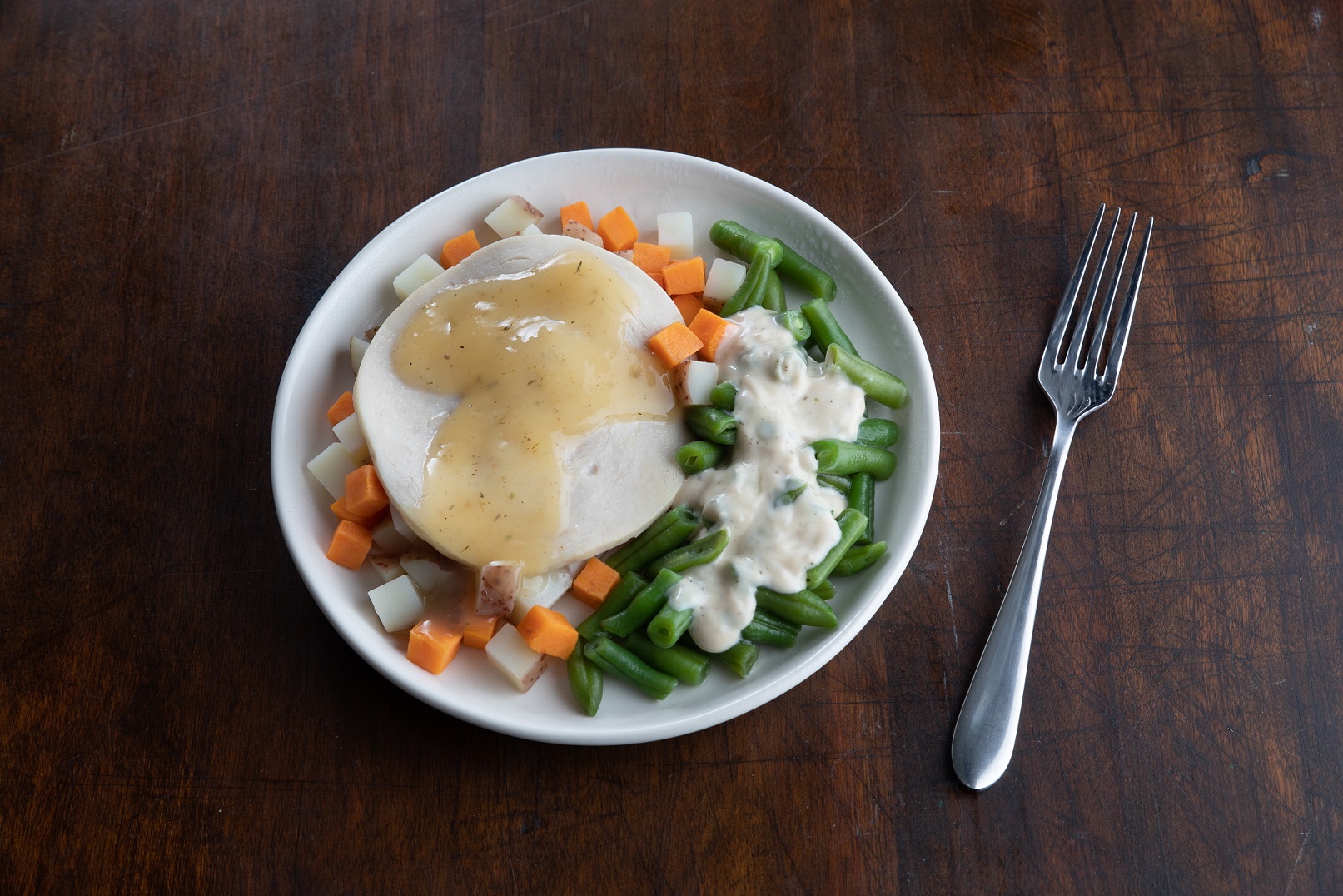 Turkey, Gravy, Potato Medley, Green Bean Casserole